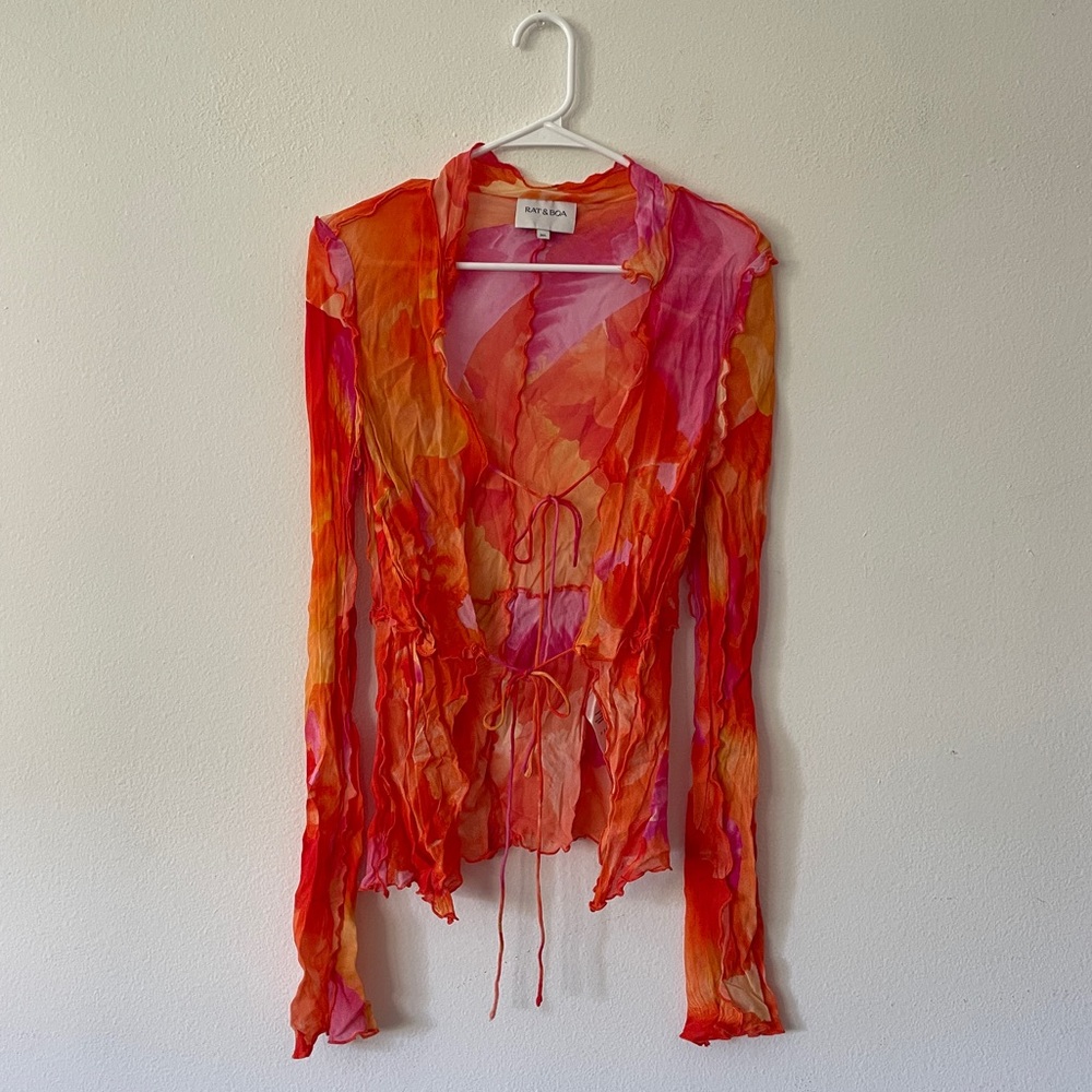 Rat and Boa Orange Watercolor Print Ruffle Tie Front Beach Cover Up Blouse